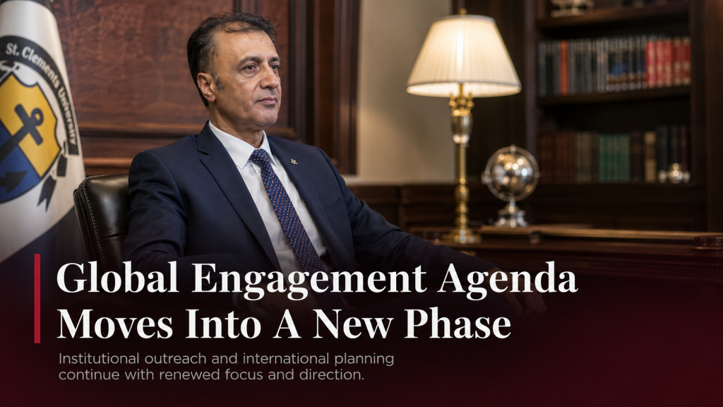 Prof. Dr. Bilal Semih Bozdemir seated at a conference table with international strategy documents and a globe, representing renewed momentum in cross-border cooperation, institutional planning and global partnership development.