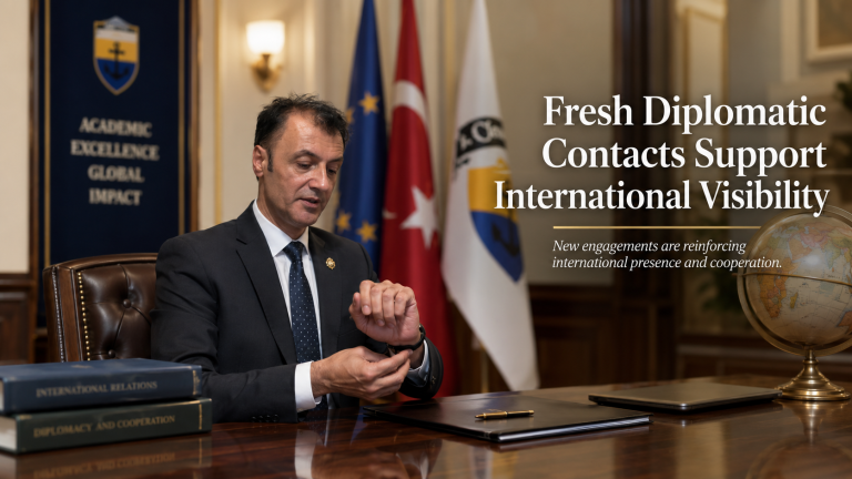 Prof. Dr. Bilal Semih Bozdemir working in a global media and communications centre, representing international networking, digital outreach and expanding institutional visibility across wider audiences.