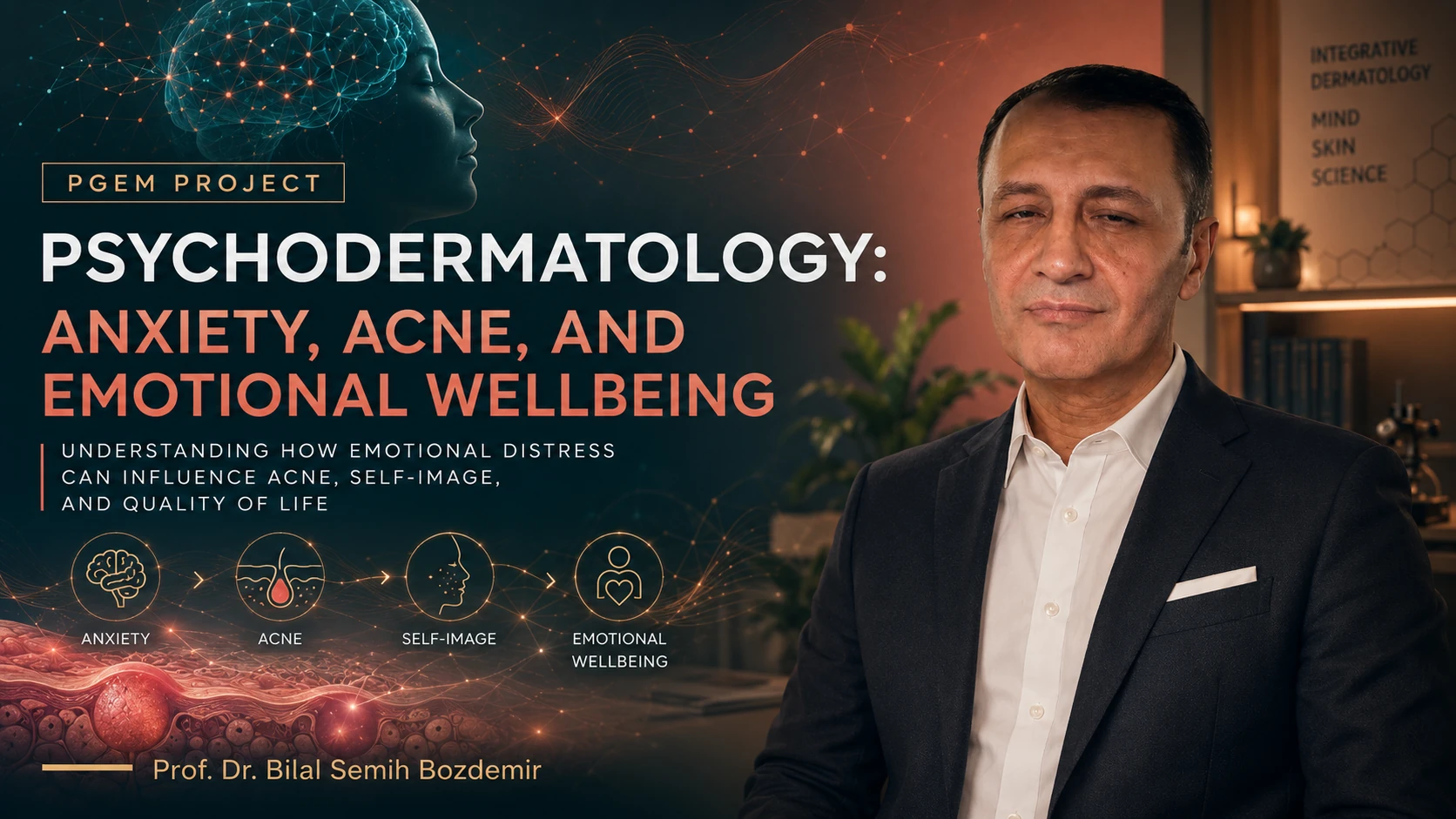 PGEM Project headline on psychodermatology, anxiety, acne and emotional wellbeing featuring Prof. Dr. Bilal Semih Bozdemir with brain and skin imagery.