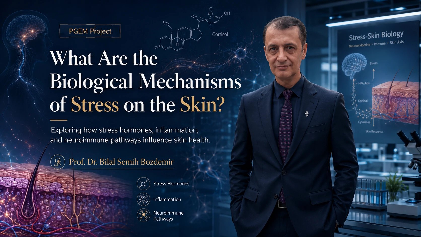 PGEM Project graphic on the biological mechanisms of stress on the skin, with cortisol, HPA-axis and skin illustrations beside Prof. Dr. Bilal Semih Bozdemir.
