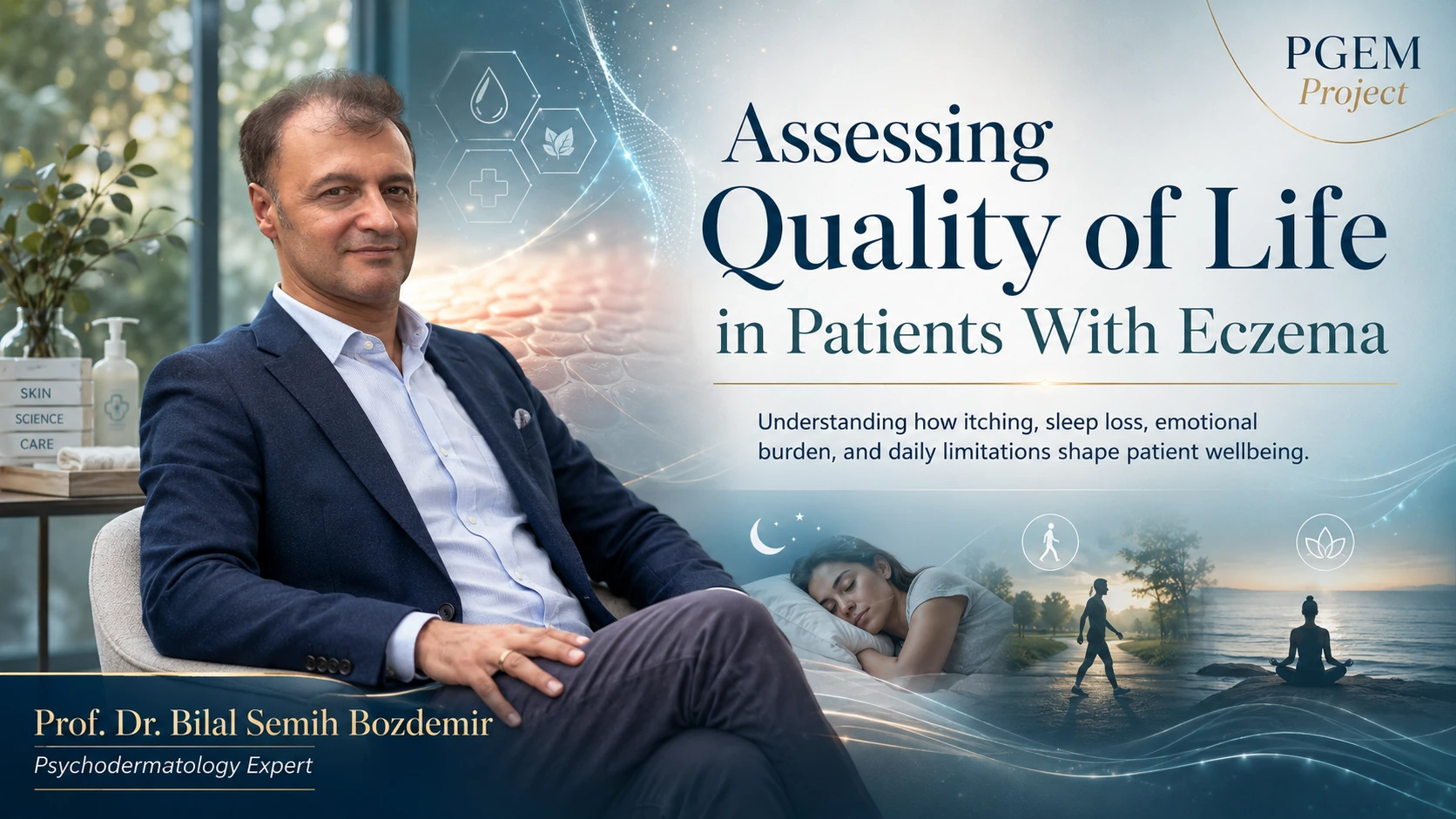 PGEM Project headline on assessing quality of life in patients with eczema, featuring Prof. Dr. Bilal Semih Bozdemir with sleep, activity and wellbeing imagery.