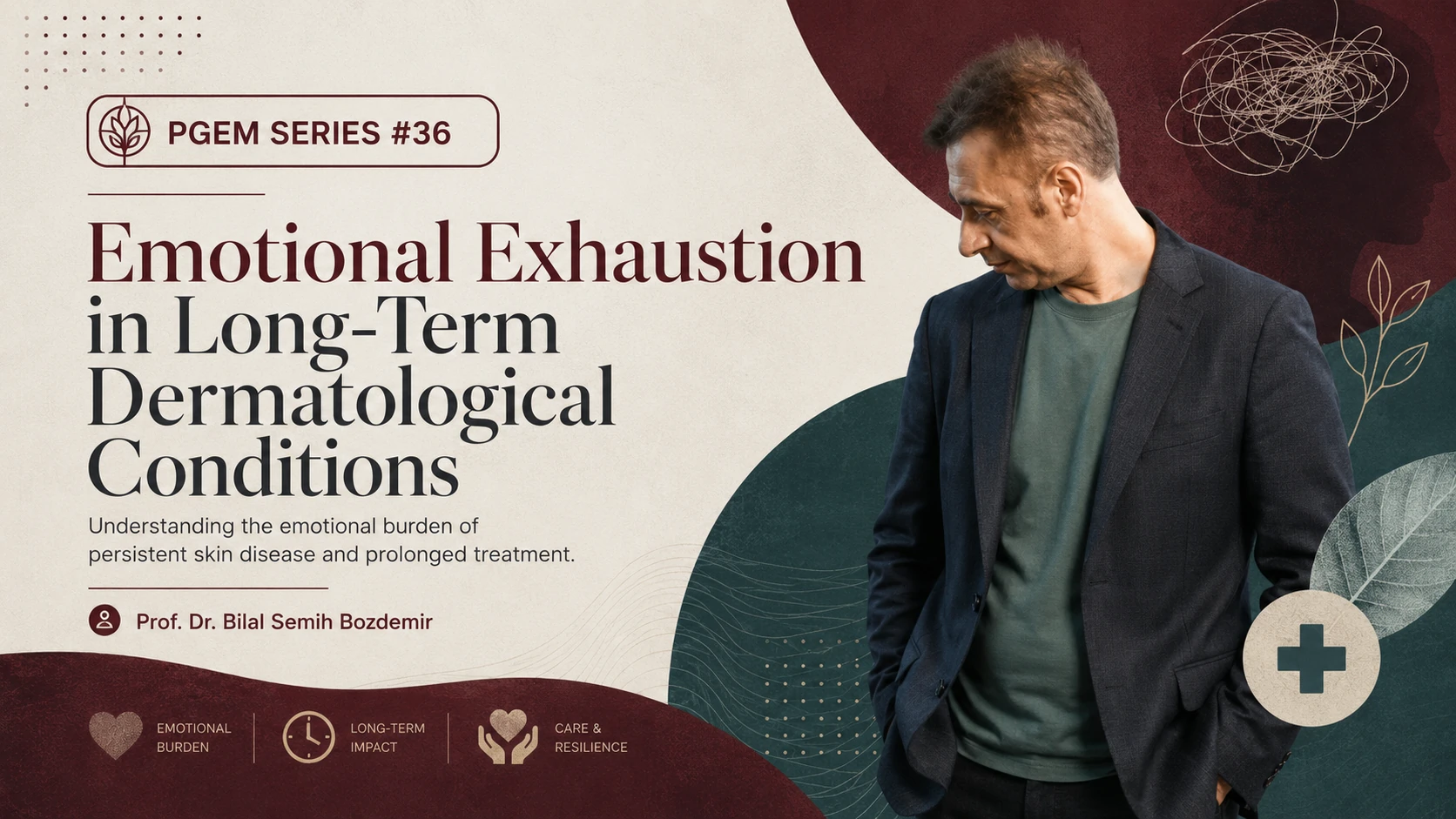 PGEM Series headline on emotional exhaustion in long-term dermatological conditions featuring Prof. Dr. Bilal Semih Bozdemir with burden, time and resilience symbols.