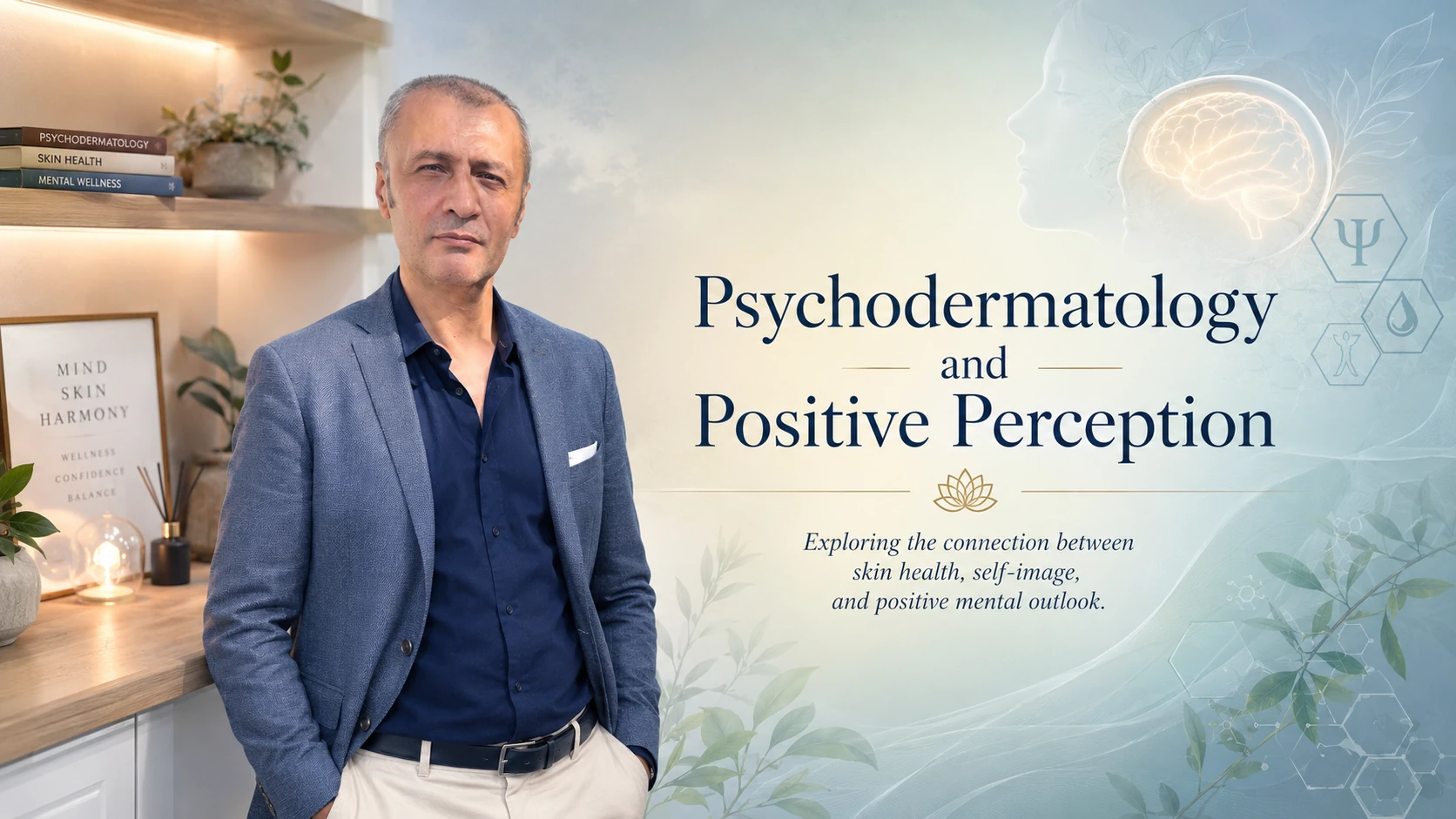 PGEM Project headline on psychodermatology and positive perception featuring Prof. Dr. Bilal Semih Bozdemir with brain, psychology and skin-health symbols.