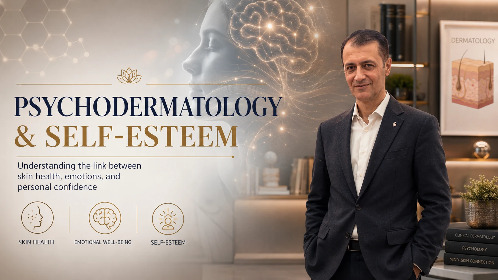 PGEM Project headline on psychodermatology and self-esteem featuring Prof. Dr. Bilal Semih Bozdemir with brain, skin health and confidence icons.