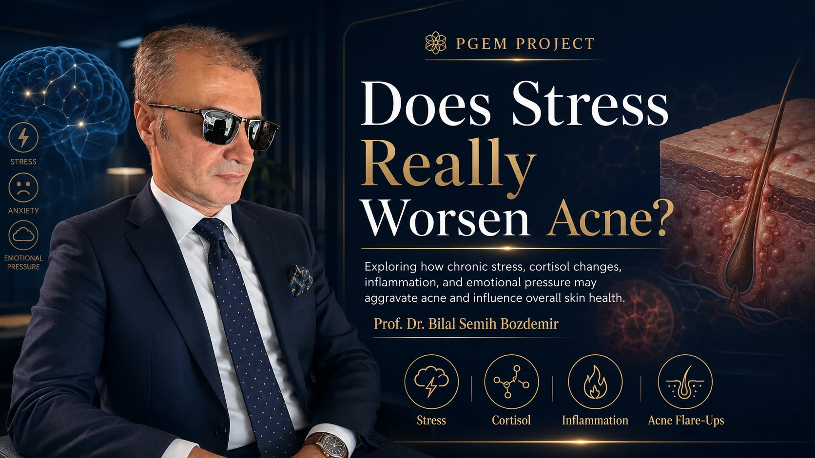 PGEM Project headline asking whether stress worsens acne, featuring Prof. Dr. Bilal Semih Bozdemir with skin, cortisol and inflammation graphics.