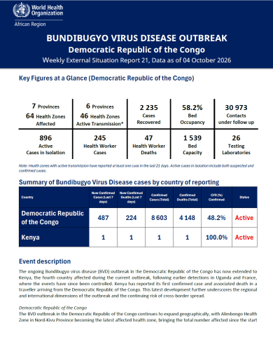 EBOLA BUNDIBUGYO VIRUS DISEASE OUTBREAK Democratic Republic of the Congo | Uganda Weekly External Situation Report 21, Data as of 04 October 2026