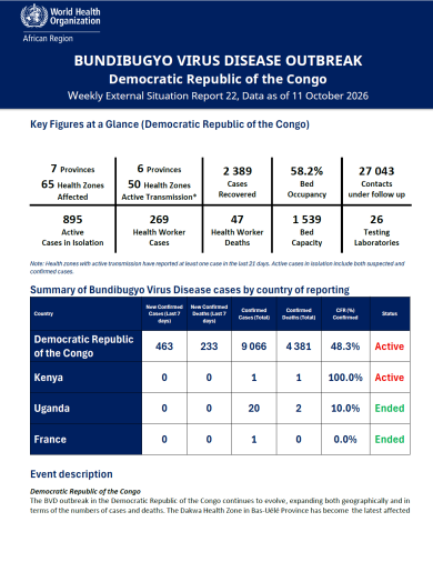 EBOLA BUNDIBUGYO VIRUS DISEASE OUTBREAK Democratic Republic of the Congo Weekly External Situation Report 15, Data as of 23 August 2026