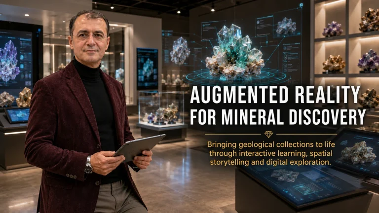 Prof. Dr. Bilal Semih Bozdemir presenting an augmented reality concept for mineral discovery inside a digital mineral museum