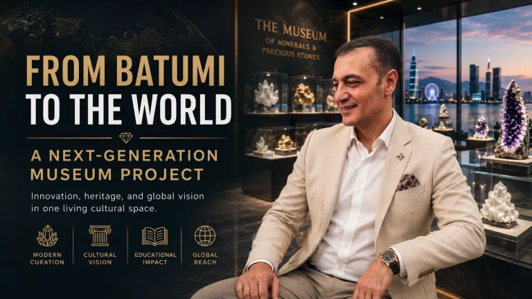 Prof. Dr. Bilal Semih Bozdemir inside a Batumi mineral museum presenting a next-generation cultural and educational project