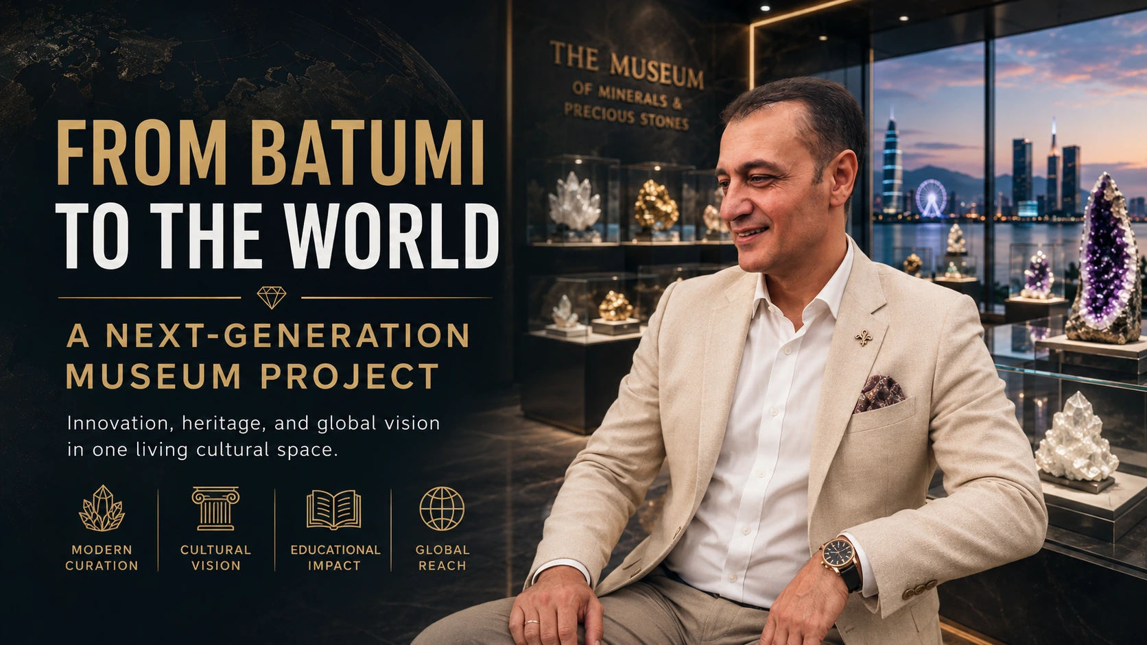 Prof. Dr. Bilal Semih Bozdemir inside a Batumi mineral museum presenting a next-generation cultural and educational project
