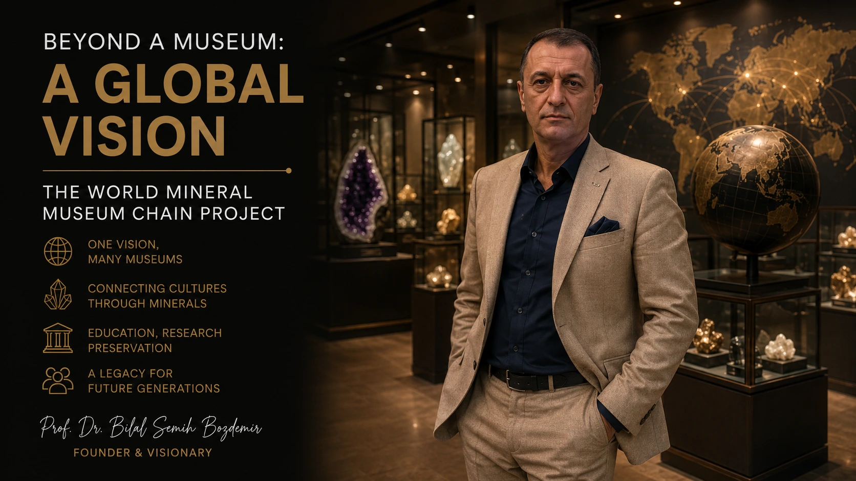 Prof. Dr. Bilal Semih Bozdemir presenting a global mineral museum chain vision inside a modern geological collection